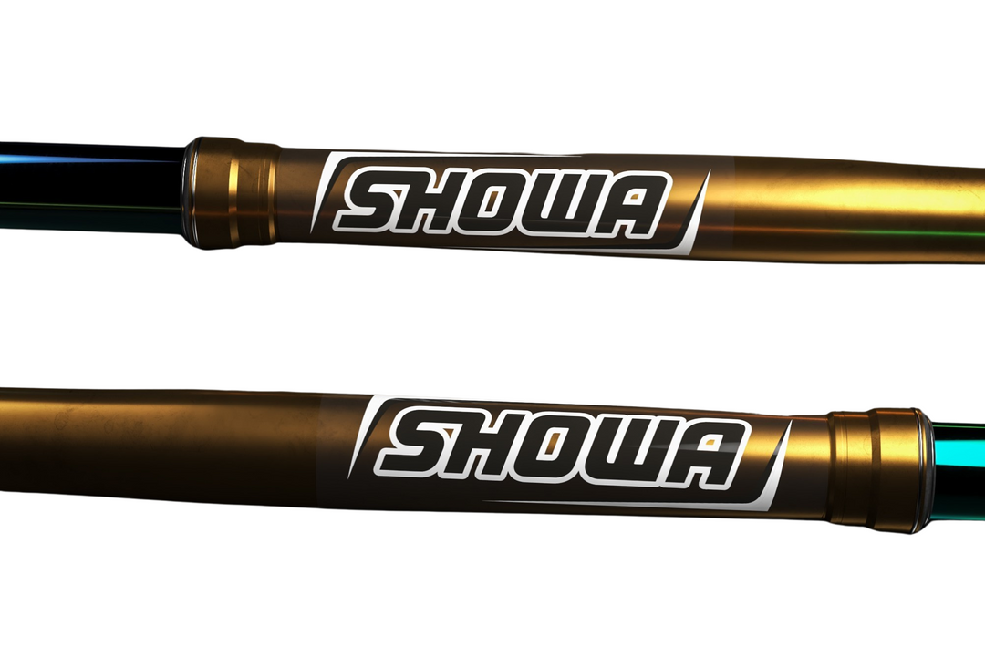 Two Showa suspension forks on a white background
