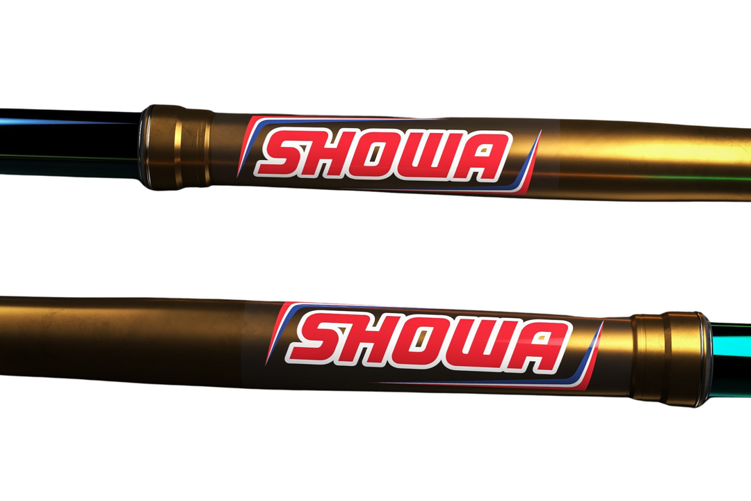 Two SHOWA shock absorbers on a white background