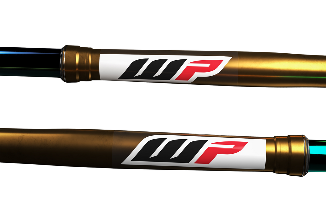 Two gold and black shock absorbers with a visible brand logo on a white background